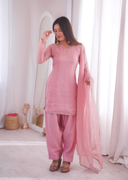 Party Wear Pink Suit Set in Silk for Ladies Affordable Collection Ready To Wear Collection