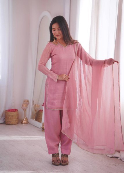 Party Wear Pink Suit Set in Silk for Ladies Affordable Collection Ready To Wear Collection