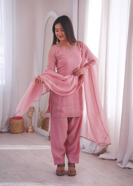 Party Wear Pink Suit Set in Silk for Ladies Affordable Collection Ready To Wear Collection
