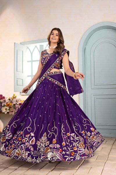 Purple Chinon Silk Embroidery Lehenga Choli with Zari Work Party Wear Special Designer Lehenga Choli