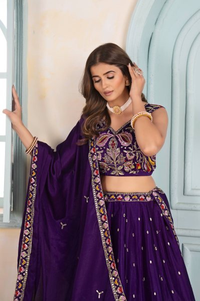 Purple Chinon Silk Embroidery Lehenga Choli with Zari Work Party Wear Special Designer Lehenga Choli
