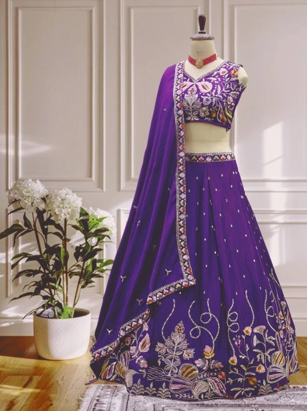 Purple Chinon Silk Embroidery Lehenga Choli with Zari Work Party Wear Special Designer Lehenga Choli