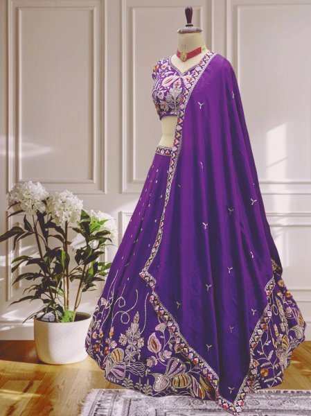 Purple Chinon Silk Embroidery Lehenga Choli with Zari Work Party Wear Special Designer Lehenga Choli
