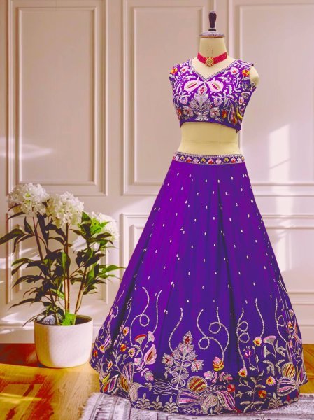 Purple Chinon Silk Embroidery Lehenga Choli with Zari Work Party Wear Special Designer Lehenga Choli