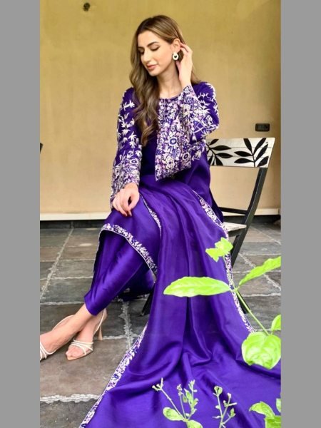 Party Wear Purple Color Heavy Chine Work Top Pant And Designer Dupatta Ready To Wear Collection