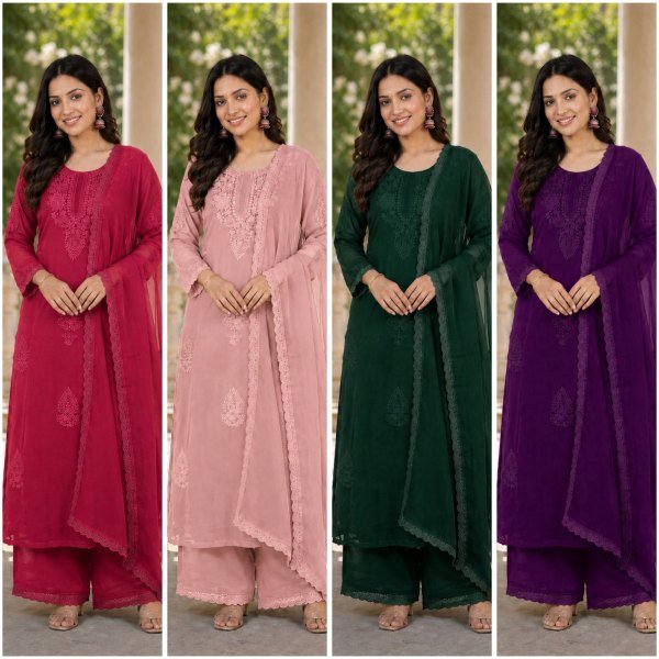 Party Wear Purple Fox Blooming Georgette Kurti Palazzo Set with Embroidery Work Ready To Wear Collection
