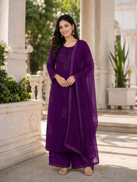 Party Wear Purple Fox Blooming Georgette Kurti Palazzo Set with Embroidery Work Ready To Wear Collection
