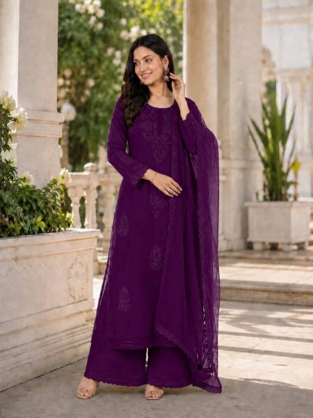 Party Wear Purple Fox Blooming Georgette Kurti Palazzo Set with Embroidery Work Ready To Wear Collection