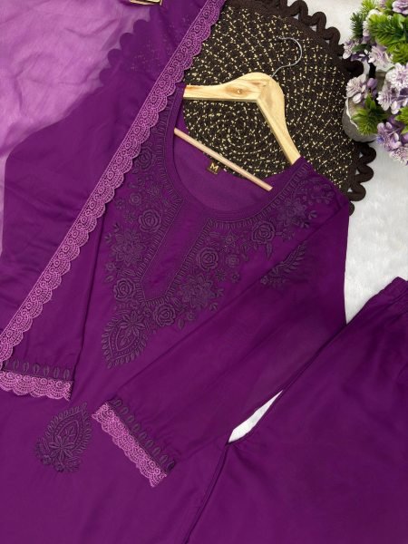 Party Wear Purple Fox Blooming Georgette Kurti Palazzo Set with Embroidery Work Ready To Wear Collection