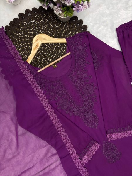 Party Wear Purple Fox Blooming Georgette Kurti Palazzo Set with Embroidery Work Ready To Wear Collection