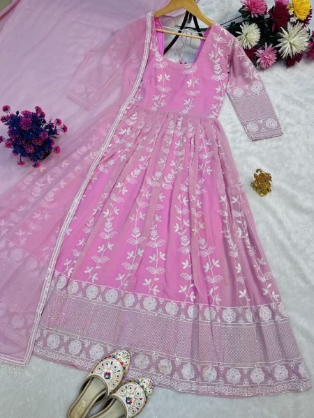 Party Wear, Reception Baby Pink Georgette fabric Anarkali Suit Set With Dupatta For Women |Online Georgette Kurti 