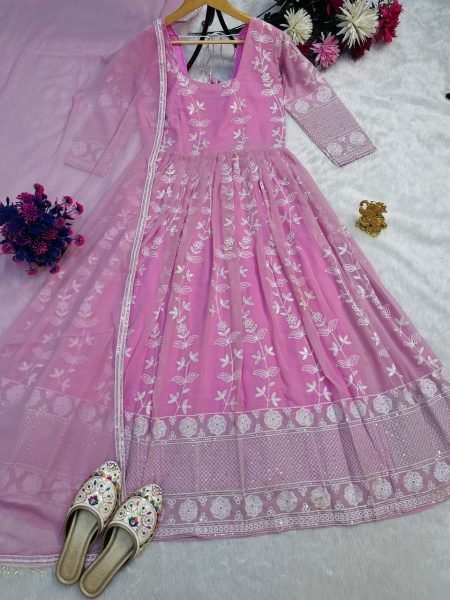 Party Wear, Reception Baby Pink Georgette fabric Anarkali Suit Set With Dupatta For Women |Online Georgette Kurti 