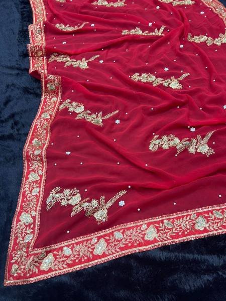 Party Wear Red Color Georgette Saree with Stunning Zari & Moti Work Georgette Sarees Wholesale