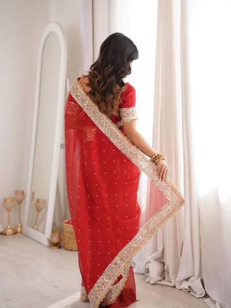 Party Wear Red Designer Silk Saree with Embroidery and Pearl Work at Wholesale Rate Silk Sarees Wholesale
