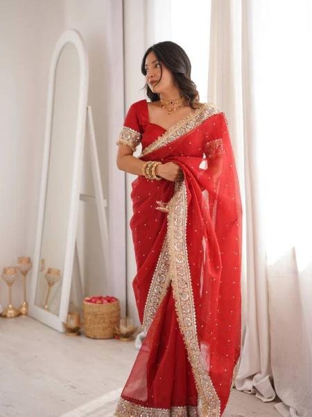 Party Wear Red Designer Silk Saree with Embroidery and Pearl Work at Wholesale Rate Silk Sarees Wholesale