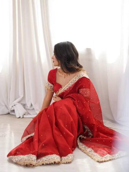 Party Wear Red Designer Silk Saree with Embroidery and Pearl Work at Wholesale Rate Silk Sarees Wholesale