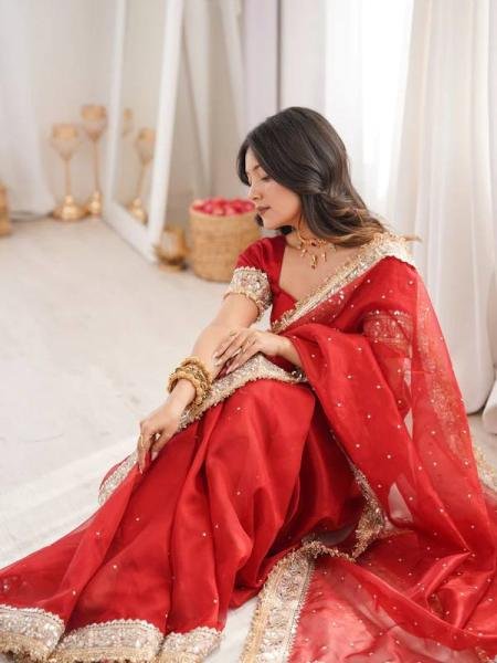 Party Wear Red Designer Silk Saree with Embroidery and Pearl Work at Wholesale Rate Silk Sarees Wholesale