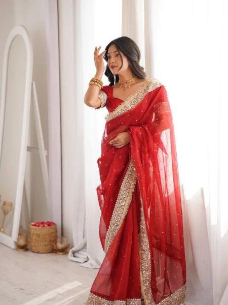 Party Wear Red Designer Silk Saree with Embroidery and Pearl Work at Wholesale Rate Silk Sarees Wholesale