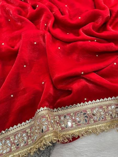 Party Wear Red Designer Silk Saree with Embroidery and Pearl Work at Wholesale Rate Silk Sarees Wholesale