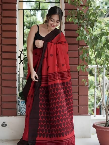 Party Wear Red Premium Linen Cotton Digital Printed Saree Sarees 
