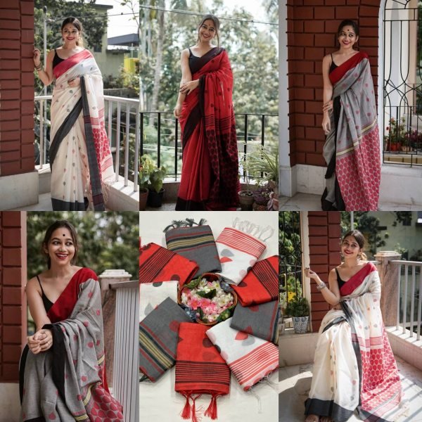 Party Wear Red Premium Linen Cotton Digital Printed Saree Printed Cotton Sarees Wholesale