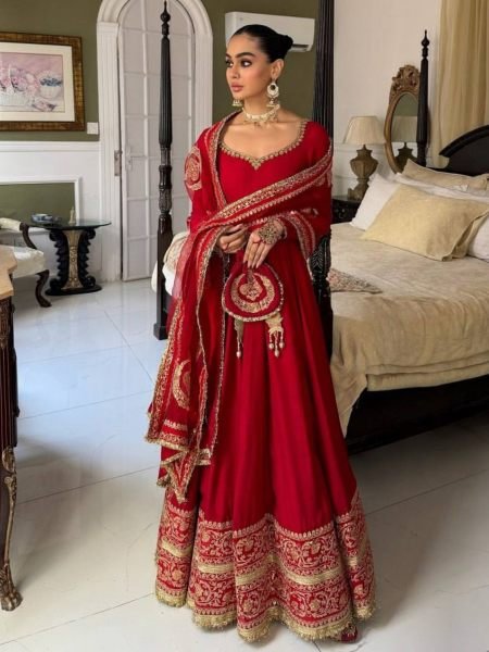 Party Wear Red Vichitra Silk Anarkali Suit with Designer Dupatta for Festival Wear Ready To Wear Suit