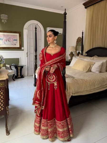 Party Wear Red Vichitra Silk Anarkali Suit with Designer Dupatta for Festival Wear Ready To Wear Collection