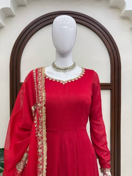 Party Wear Red Vichitra Silk Anarkali Suit with Designer Dupatta for Festival Wear Ready To Wear Collection