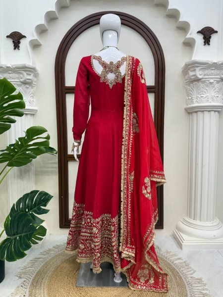 Party Wear Red Vichitra Silk Anarkali Suit with Designer Dupatta for Festival Wear Ready To Wear Collection