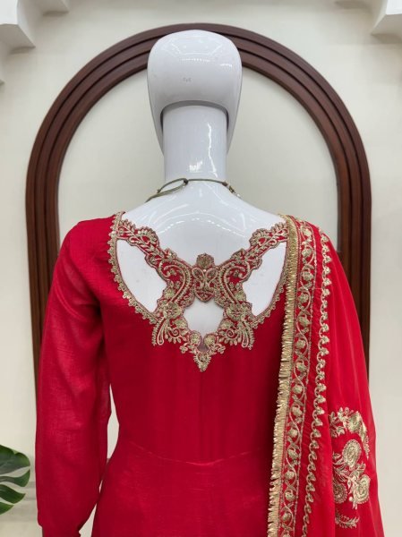Party Wear Red Vichitra Silk Anarkali Suit with Designer Dupatta for Festival Wear Ready To Wear Collection