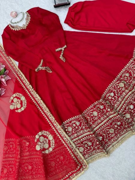 Party Wear Red Vichitra Silk Anarkali Suit with Designer Dupatta for Festival Wear Ready To Wear Collection