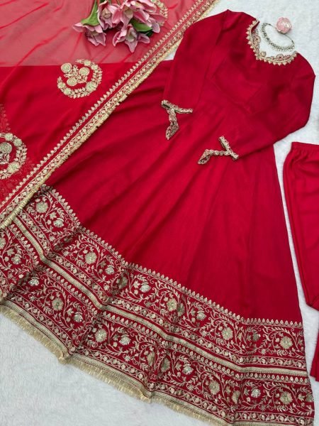 Party Wear Red Vichitra Silk Anarkali Suit with Designer Dupatta for Festival Wear Ready To Wear Collection