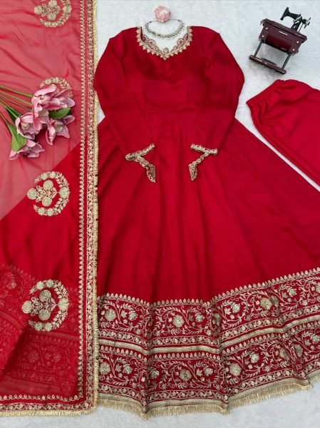 Party Wear Red Vichitra Silk Anarkali Suit with Designer Dupatta for Festival Wear Ready To Wear Collection