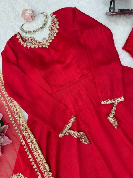 Party Wear Red Vichitra Silk Anarkali Suit with Designer Dupatta for Festival Wear Ready To Wear Collection