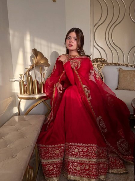 Party Wear Red Vichitra Silk Anarkali Suit with Designer Dupatta for Festival Wear Ready To Wear Collection