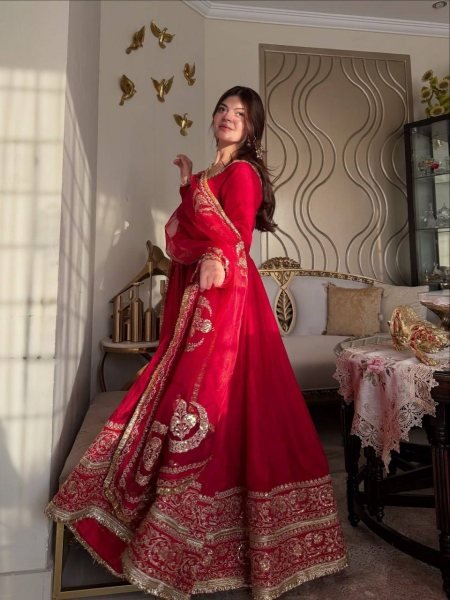 Party Wear Red Vichitra Silk Anarkali Suit with Designer Dupatta for Festival Wear Ready To Wear Collection