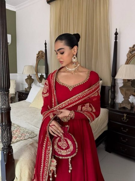 Party Wear Red Vichitra Silk Anarkali Suit with Designer Dupatta for Festival Wear Ready To Wear Collection