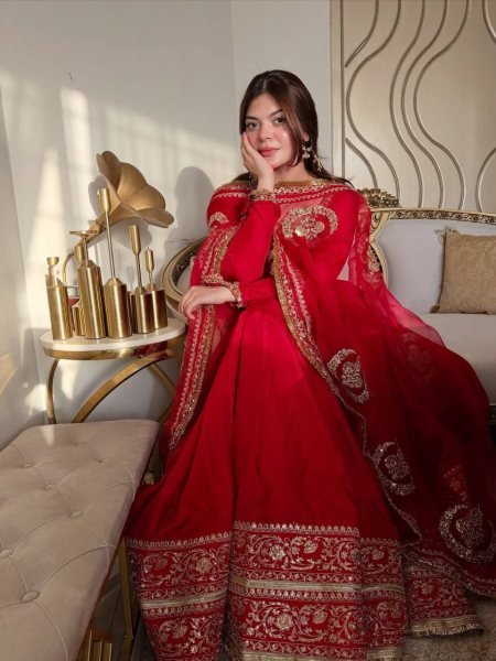 Party Wear Red Vichitra Silk Anarkali Suit with Designer Dupatta for Festival Wear Ready To Wear Collection