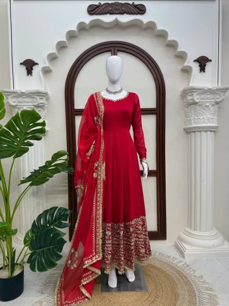 Party Wear Red Vichitra Silk Anarkali Suit with Designer Dupatta for Festival Wear Ready To Wear Collection