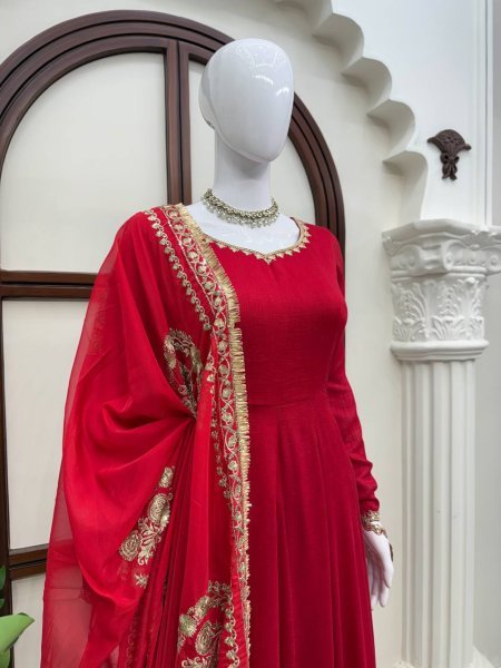 Party Wear Red Vichitra Silk Anarkali Suit with Designer Dupatta for Festival Wear Ready To Wear Collection