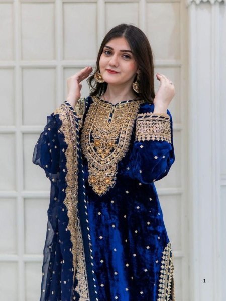 Party Wear Royal Blue Velvet Suit Set with Embroidery Sequence Work Ready To Wear Collection