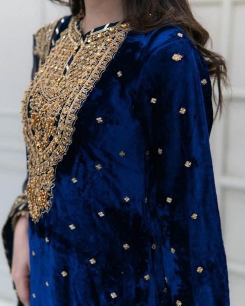Party Wear Royal Blue Velvet Suit Set with Embroidery Sequence Work Ready To Wear Collection