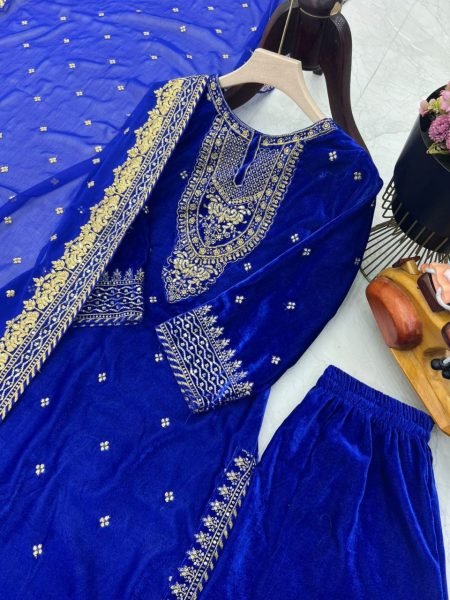 Party Wear Royal Blue Velvet Suit Set with Embroidery Sequence Work Ready To Wear Collection
