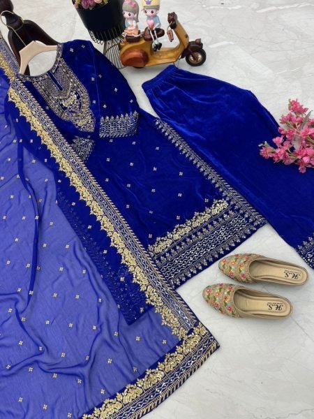 Party Wear Royal Blue Velvet Suit Set with Embroidery Sequence Work Ready To Wear Collection