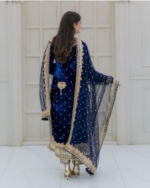 Party Wear Royal Blue Velvet Suit Set with Embroidery Sequence Work Ready To Wear Collection
