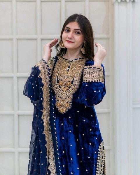 Party Wear Royal Blue Velvet Suit Set with Embroidery Sequence Work Ready To Wear Collection