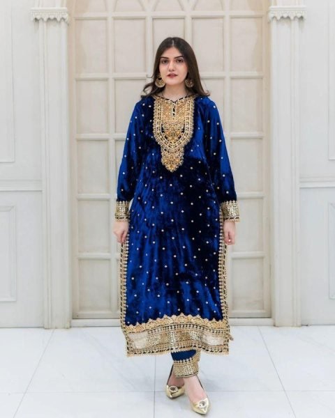 Party Wear Royal Blue Velvet Suit Set with Embroidery Sequence Work Ready To Wear Collection