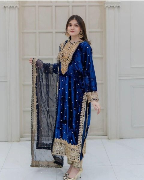 Party Wear Royal Blue Velvet Suit Set with Embroidery Sequence Work Ready To Wear Collection