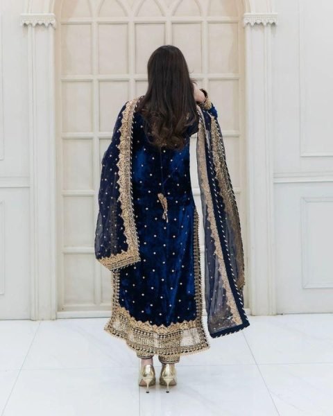 Party Wear Royal Blue Velvet Suit Set with Embroidery Sequence Work Ready To Wear Collection