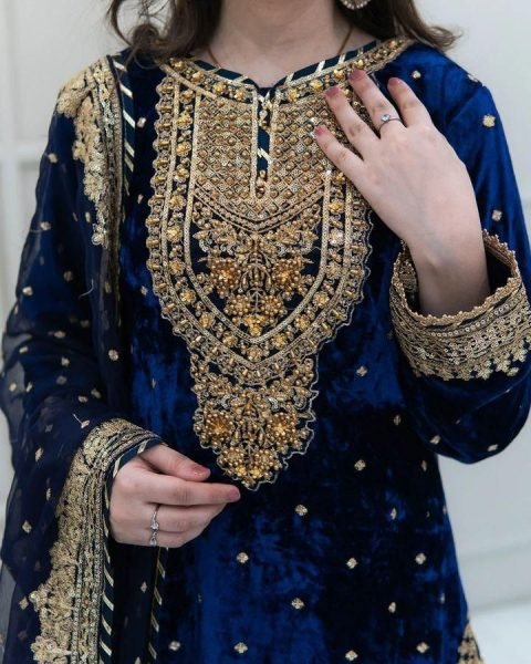 Party Wear Royal Blue Velvet Suit Set with Embroidery Sequence Work Ready To Wear Collection